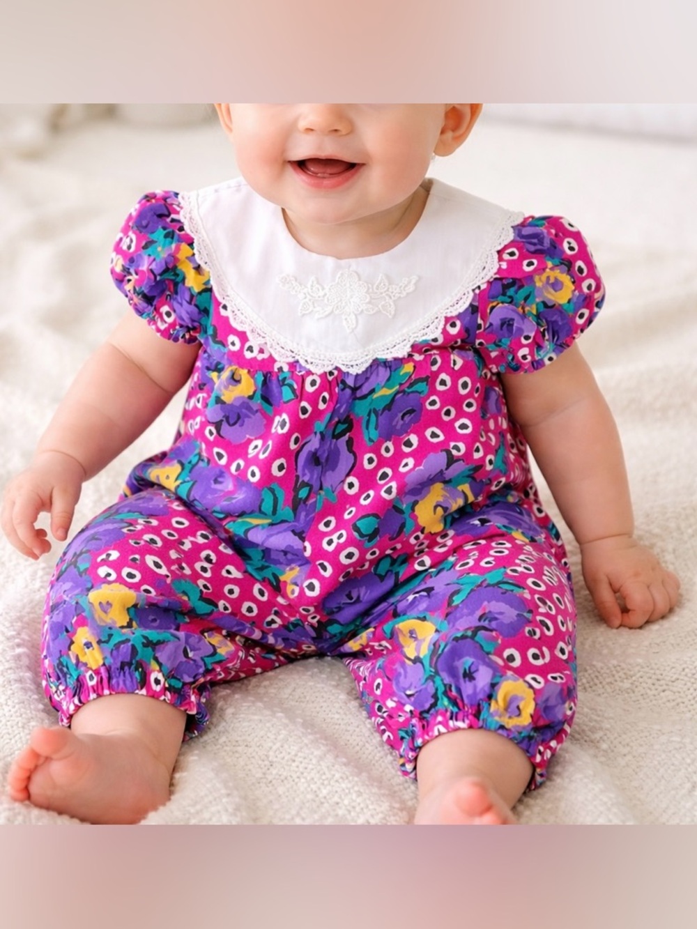 Vintage JoLene Dress Pink Polkadot Floral Jumpsuit Cottagecore USA Size 6M